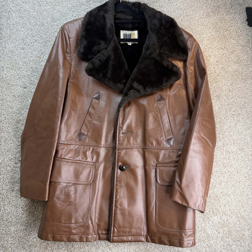 Vintage William Barry Coat Mens 44 Leather Fur Collar Insulated Lined Winter